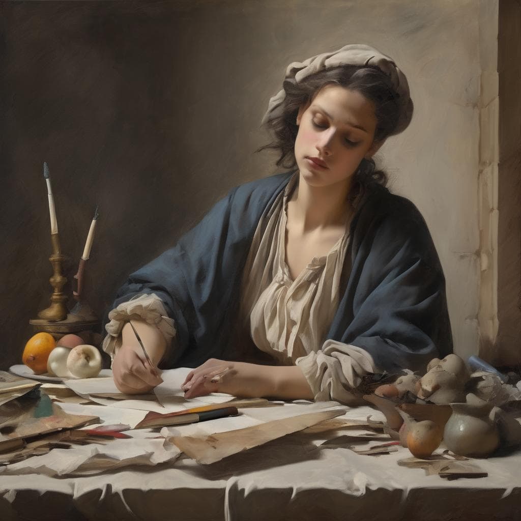 Αγία γυναίκα γράφει σε τραπέζι με αρχαία αντικείμενα και φρούτα, εσωτερικό, ρεαλιστική ζωγραφική, ιστορική ανασκόπηση, τέχνη και μνήμη.