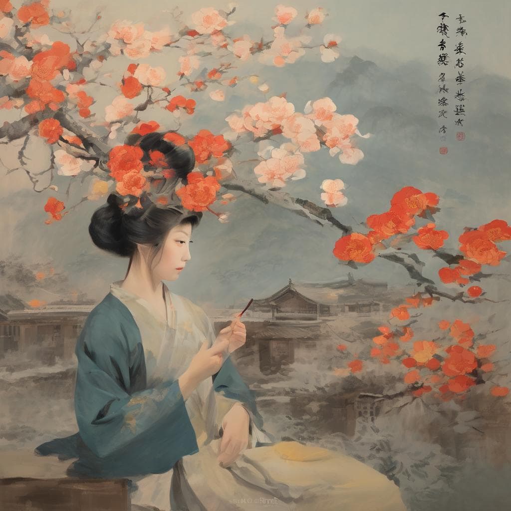 Παλιές εικόνες και μνήμες μέσα από ρομαντική ιαπωνική ζωγραφική με γυναίκα σε παραδοσιακή ενδυμασία κοντά σε ανθισμένες κεραμιδιές.