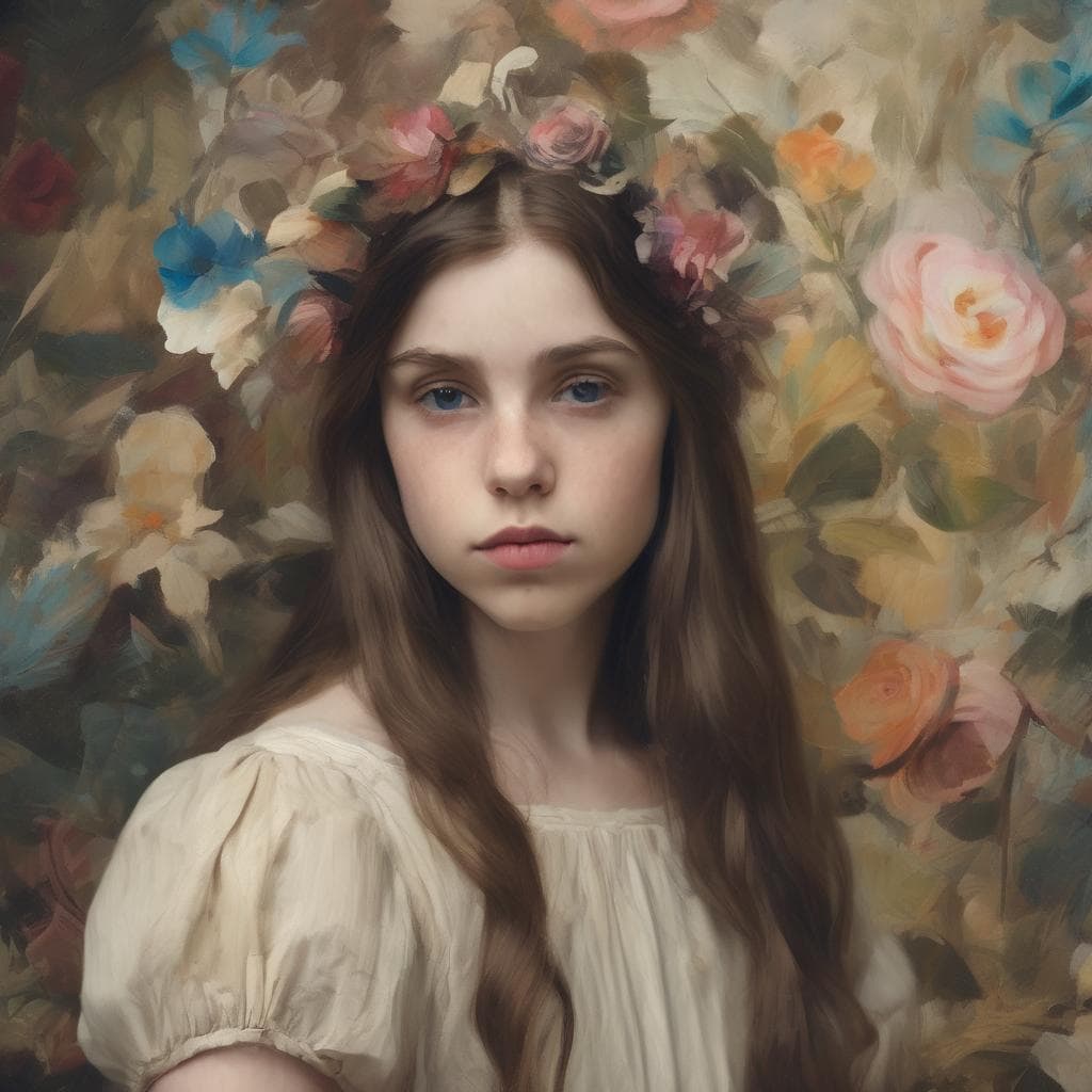 Ανθρώπινη νέα γυναίκα πορτρέτο με λευκό φόρειο και καστανά μαλλιά, πίσω από ζωγραφικό χρώμα με μοτίβο λουλουδιών, φανερώνουν οπτική μνήμη.