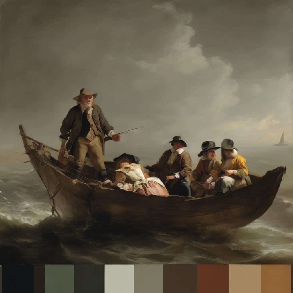 Παρελθόν μέσα από την οπτική μνήμη, έργο ζωγραφικής με άντρες σε καραβάκι, βενετσιάνικη ατμόσφαιρα, ιστορική αναπαράσταση εποχής.