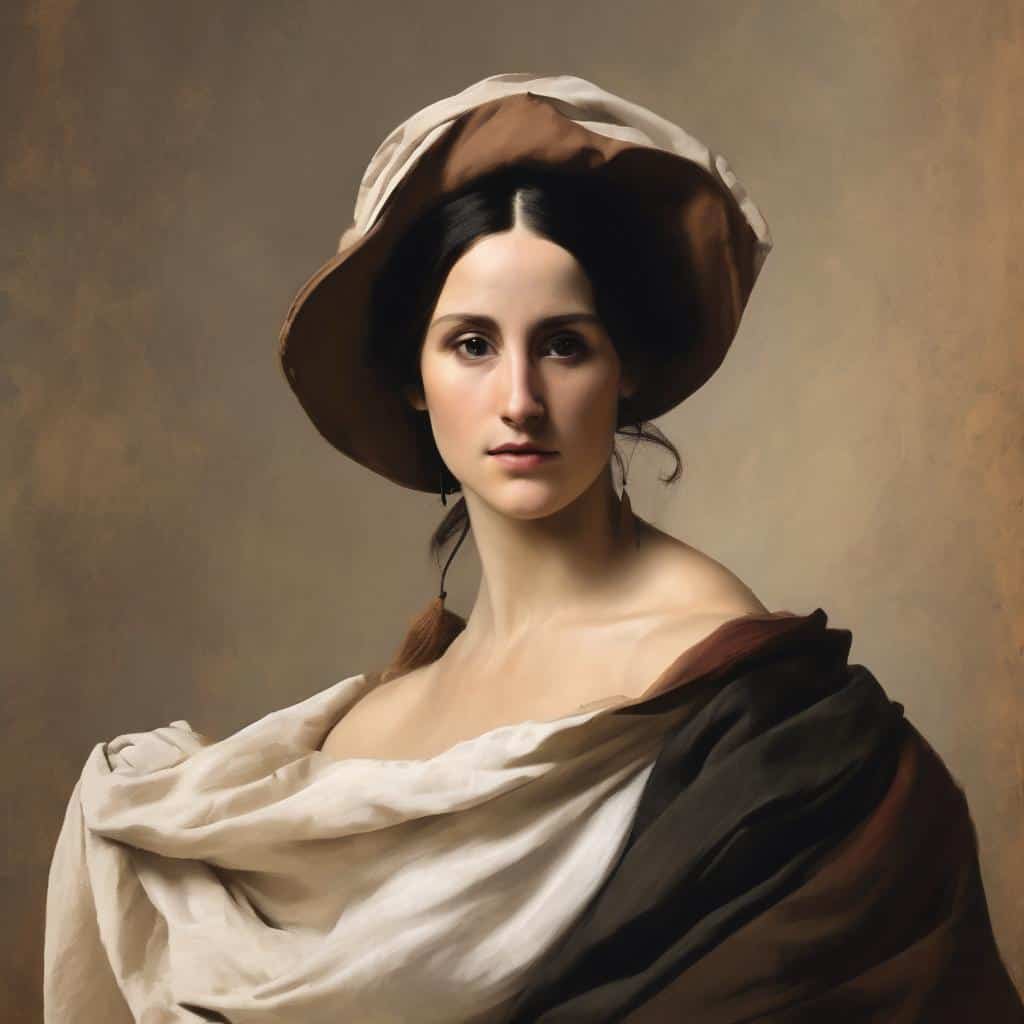 Αριστερά σε νεαρή γυναίκα με καπέλο και ομπρέλα, σε πορτρέτο με ιστορική ενδυμασία, αποτυπώνοντας το παρελθόν μέσα από την οπτική μνήμη.