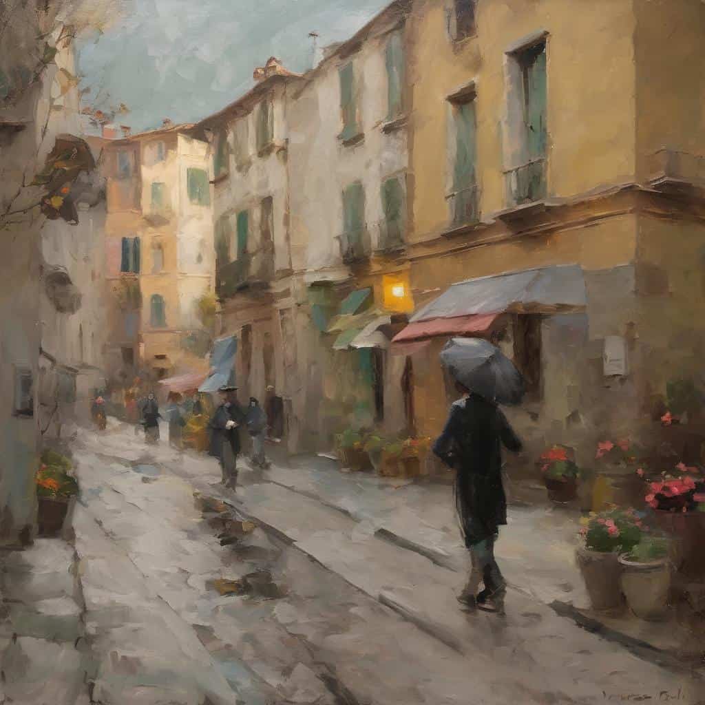 Παρελθόν μέσα από την οπτική μνήμη, ζωγραφία με εικαστικό ύφος και ομιλούντες ανθρώπους σε παλιά ευρωπαϊκή πόλη.